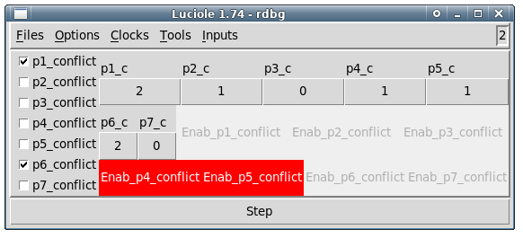 Figure 4: A Luciole Screenshot after a first (real!) step where p1 and p2 were triggered